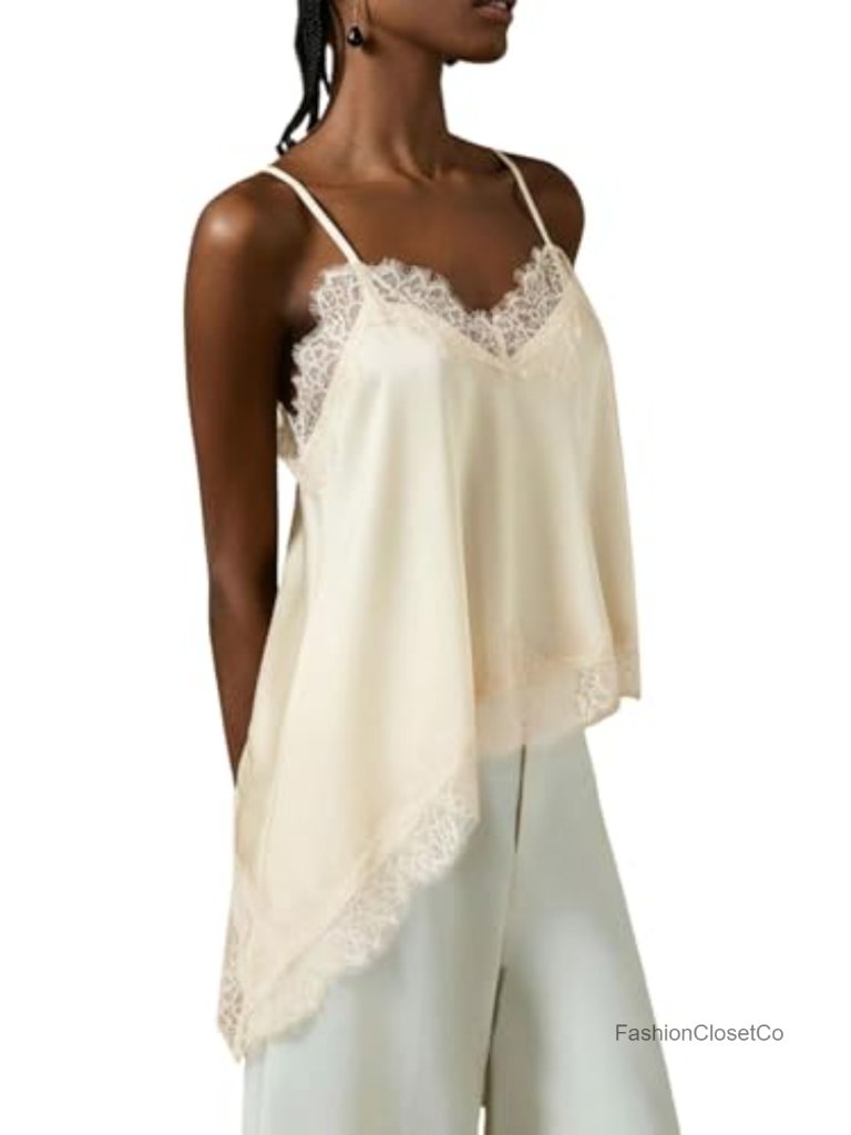 Lace Asymmetrical Satin Spaghetti Strap Camisole - Backless Going Out Top